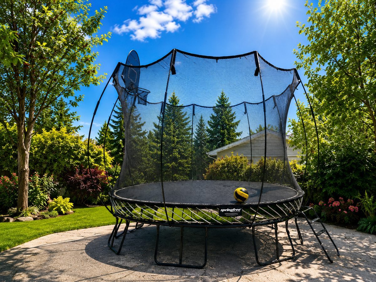 Springfree trampoline assembly in a British Columbia backyard