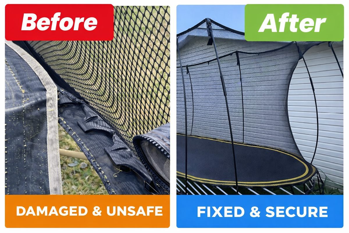 Damaged and unsafe trampoline net compared with a completed repair
